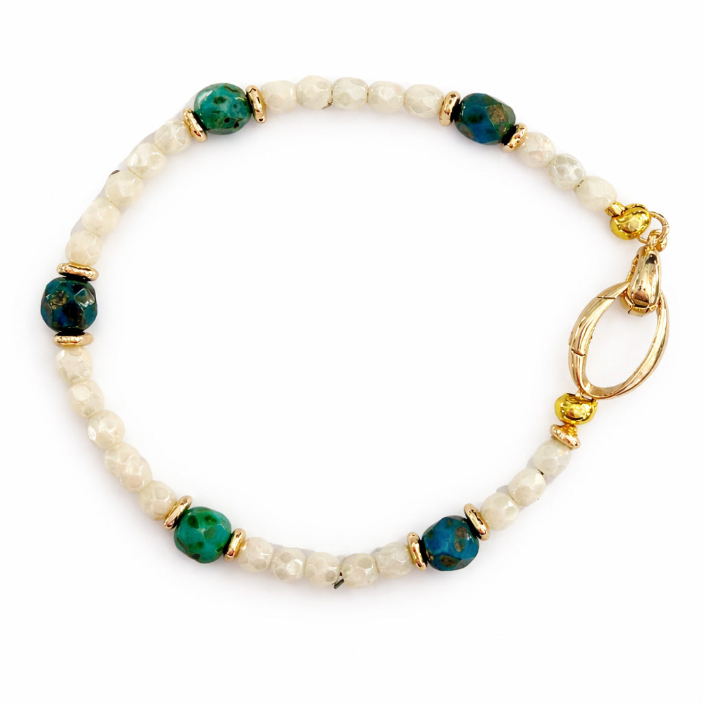 Cream & Teal Faceted Beaded Bracelet