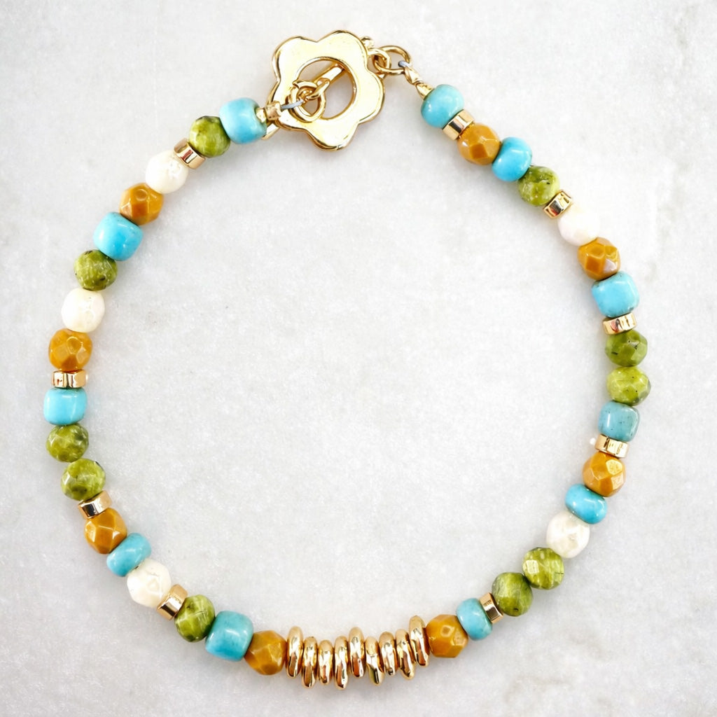 Turquoise, Amber & Cream Beaded Bracelet