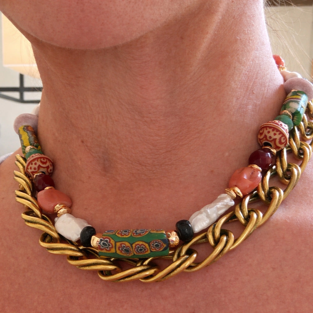 Free Spirit Artisan Statement Necklace - Green and Pink