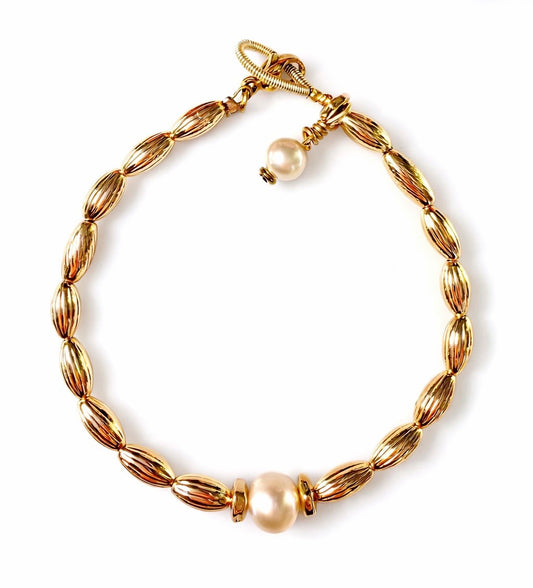 Gold Oval & Pearl Charm Bracelet