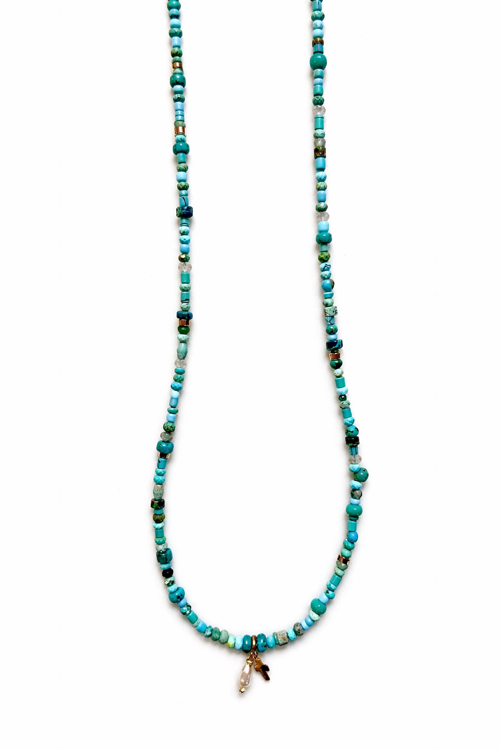 Turquoise Harmony Beaded Necklace with Mini Cross & Pearl