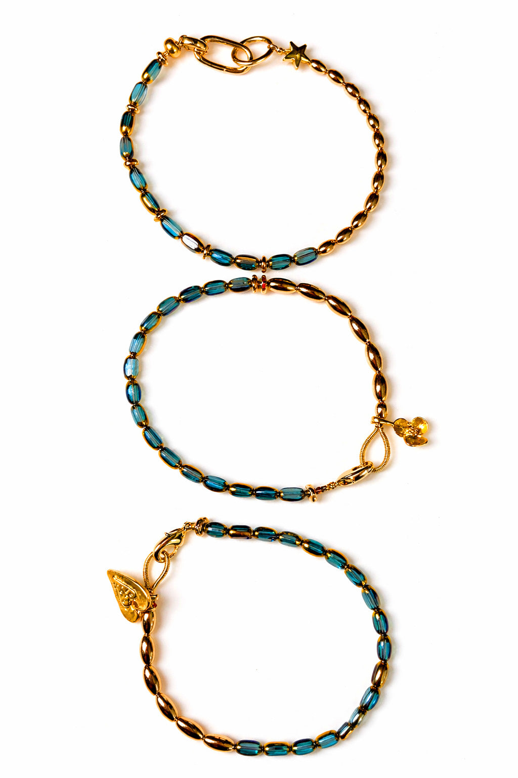 Blue Glass & Gold  Charm Bracelet