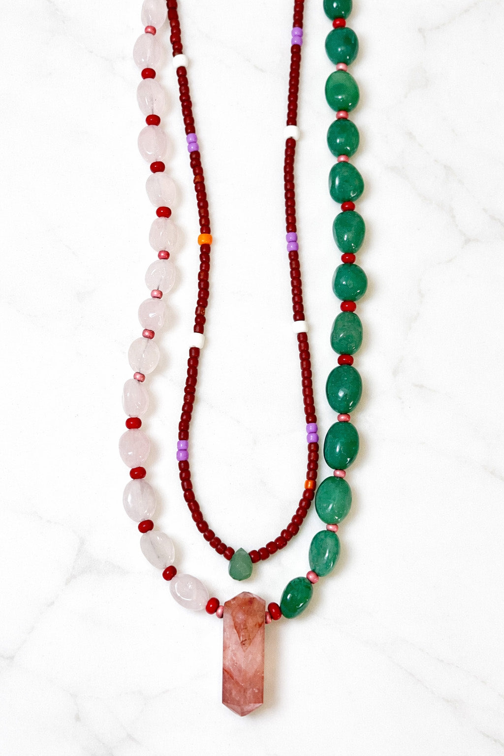 Rose Quartz and Green Beaded Necklace