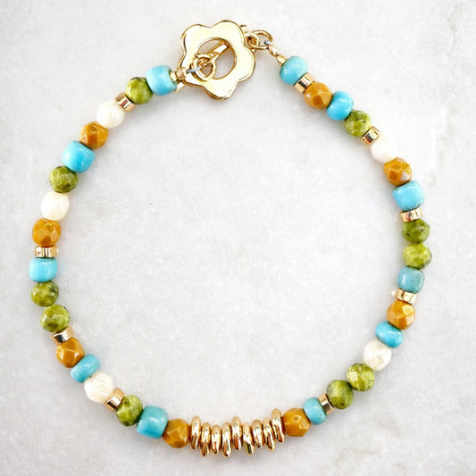 Turquoise, Amber & Cream Beaded Bracelet
