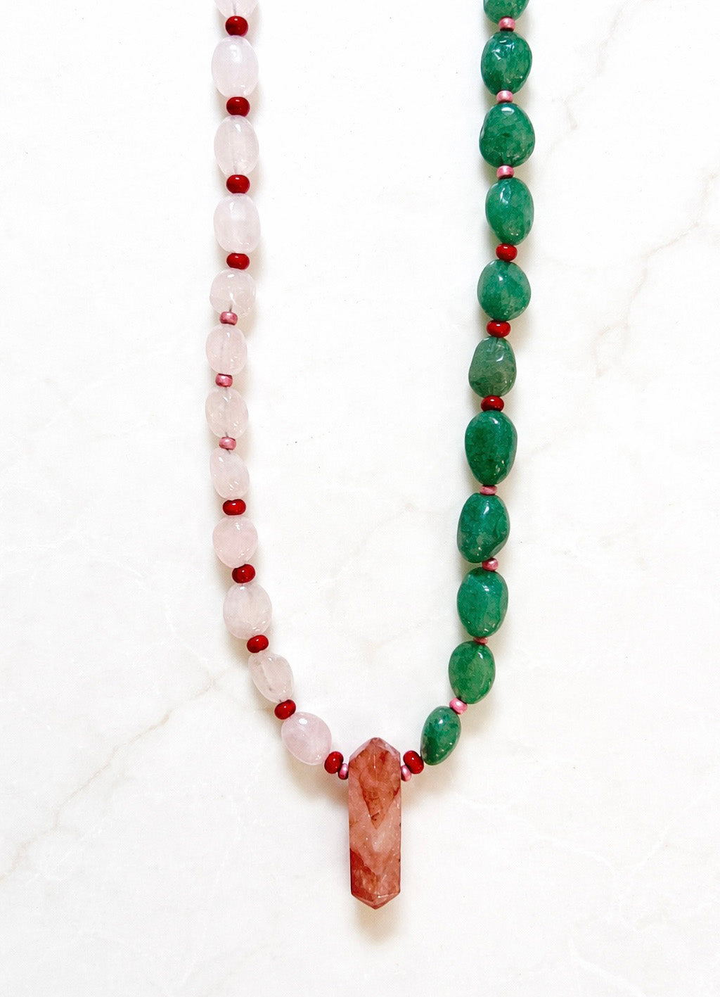Rose Quartz and Green Beaded Necklace