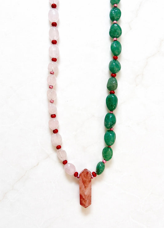 Rose Quartz and Green Beaded Necklace