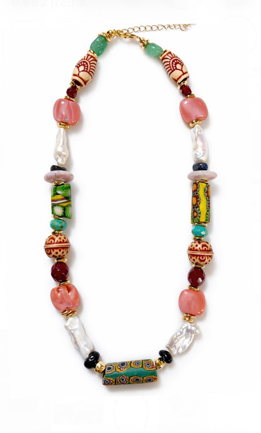 Free Spirit Artisan Statement Necklace - Green and Pink