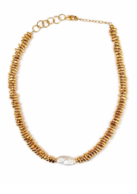 Golden Tide Choker Necklace | Freshwater Pearl & Gold Disc Beads